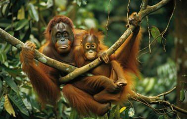 Fototapeta premium An orangutan hanging from a tree in a forest with her baby on her back