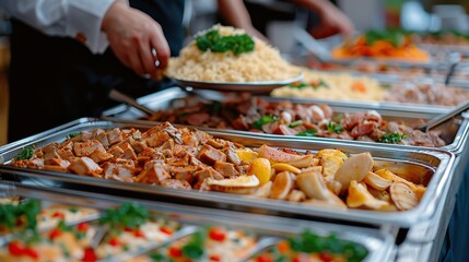 Buffet Line of Delicious Food Being Served