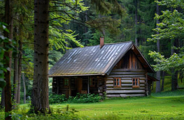 log cabin with metal roof, near green trees and grass in a forest