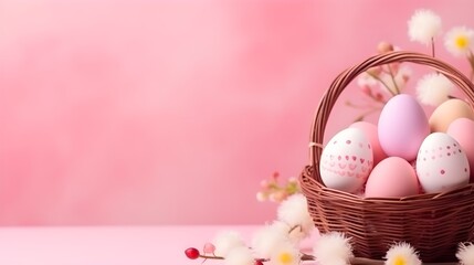 Obraz na płótnie Canvas A basket of colorful eggs with copyspace on a pink background. Easter egg concept, Spring holiday