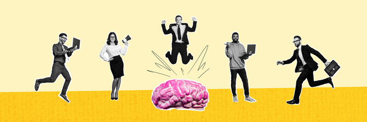 Creative panoramic collage businesspeople teamwork coworkers formalwear employees brainstorming successful idea plant project management