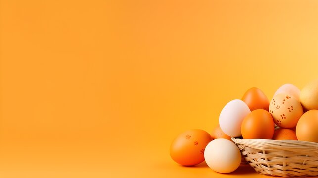 A basket of colorful eggs with copyspace on a orange background. Easter egg concept, Spring holiday