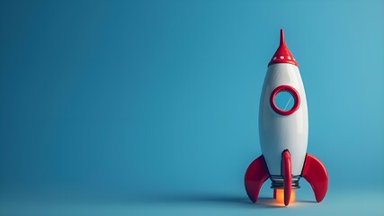 A model of a toy rocket on a blue background. Minimalistic banner for congratulations on the World Day of Cosmonautics and Space Exploration - obrazy, fototapety, plakaty