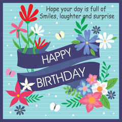 Happy birthday card design with flowers and lettering