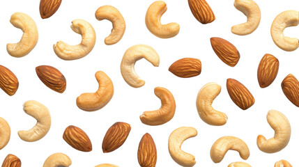 Almonds and cashews arranged elegantly on a pristine white background
