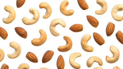 Almonds and cashews arranged elegantly on a pristine white background
