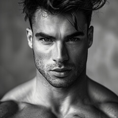 A stark monochrome portrait of an attractive man with intense eyes