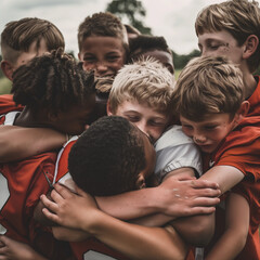 A heartfelt group huddle of a young football team showing unity