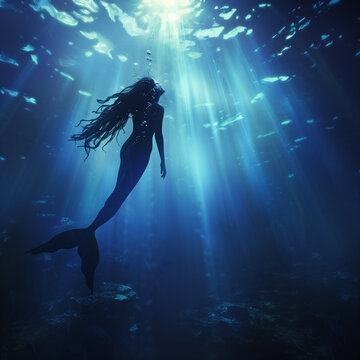 Stunning image of mermaid with flowing hair exploring the ocean's depth with rays of light illuminating the scene