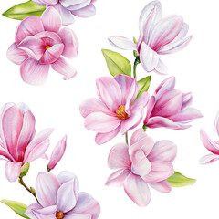 Watercolor magnolia blooming flowers. Seamless pattern pink blossom branch. Design summer floral background modern art © Hanna