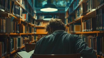 Concentrated Student Studying Hard In a Library With Cinematic Lighting