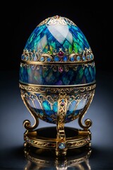 A prismatic egg glowing with colors stands on a golden base, its design a blend of art and opulence