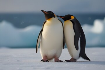 Fototapeta premium A joyful penguin couple sharing a heartwarming moment together, perhaps waddling hand in hand or exchanging affectionate gestures, surrounded by a backdrop of icy landscapes or vibrant polar scenery