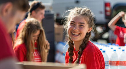  a happy young woman smiling and helping to fill up water bottles at an award-winning American Red Cross community event