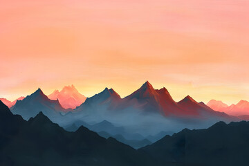 This vibrant painting captures abstract mountain silhouettes bathed in the warm, pastel colors of a...