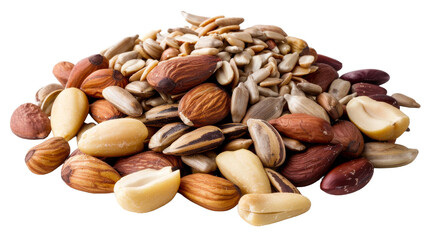 A dynamic pile of assorted nuts sprawled across a pristine white background