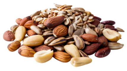 A dynamic pile of assorted nuts sprawled across a pristine white background