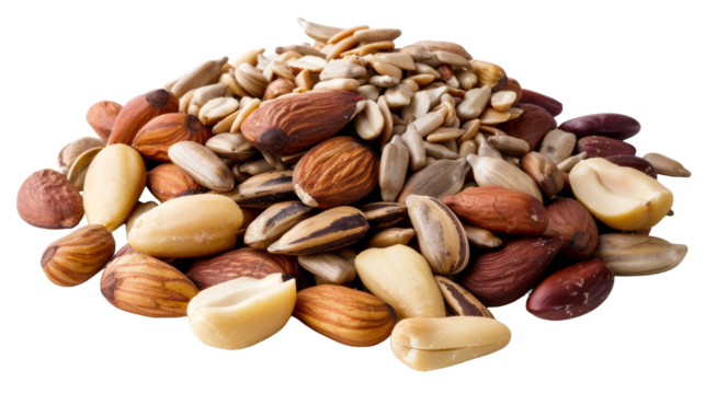 A dynamic pile of assorted nuts sprawled across a pristine white background