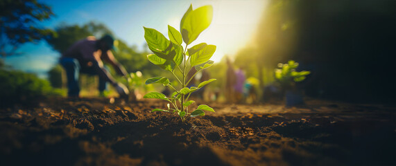 Green, young, fresh plant growing out of the soil, sprong time, farm surrounding, sunrise. Copy...