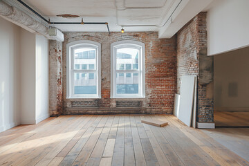 Renovation in Progress. Chic Urban Loft Space with Exposed Brick and Dual Windows