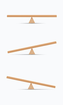 Balancing wooden plank isolated on white background. Balanced or unbalanced scales