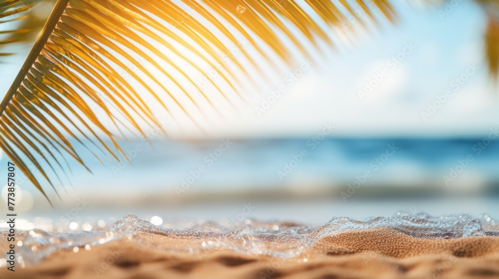 Poster a palm tree is in the foreground of a beach scene
