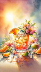 Watercolor Painting of Tequila Sunrise Cocktail