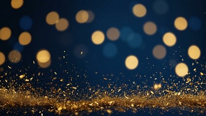 A background filled with glittering golden particles creating a bokeh effect over a deep blue backdrop - obrazy, fototapety, plakaty