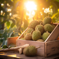 Durian fruit harvested in a wooden box in a plantation with sunset. Natural organic fruit abundance. Agriculture, healthy and natural food concept. Square composition. - 773858083
