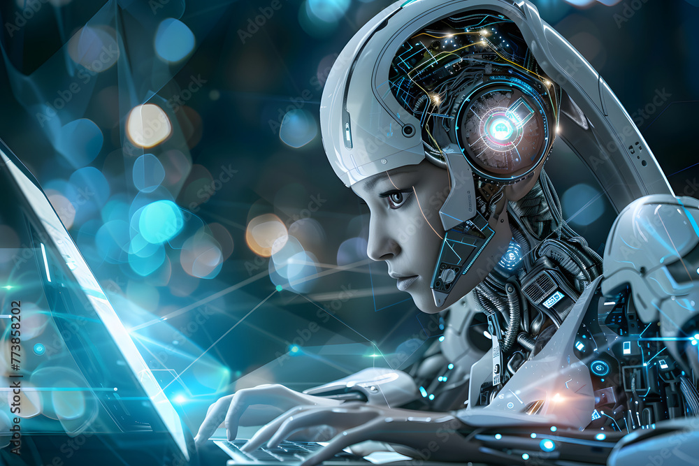 Poster a cyborg woman wearing an advanced technology helmet is engaged in computer operations, highlighting