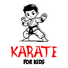 Vector Cartoon Boy in karate discipline. Martial arts school for childrens. Baby Karate logo. Strong kids concept.