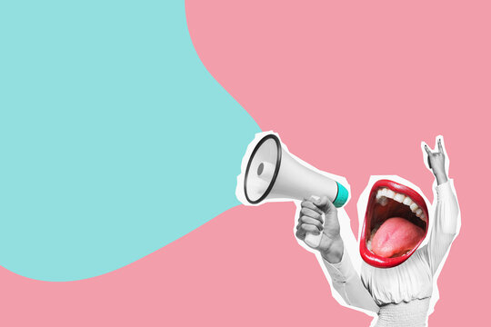 Stylish trendy collage of modern art. Crazy celebrate, announce, information - mouth screams in megaphone.