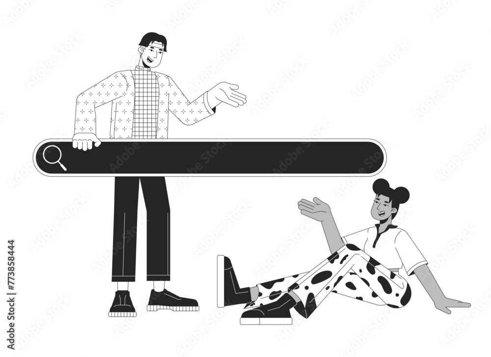Poster friends using search field black and white 2d line cartoon characters. multiracial users browsing in