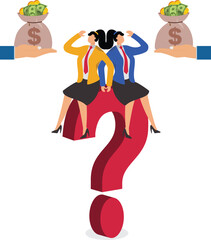 Investment problems and questions, investment forecasts and uncertainties, isometric two hands holding gold coins on the question mark and the businesswoman sitting on the question mark