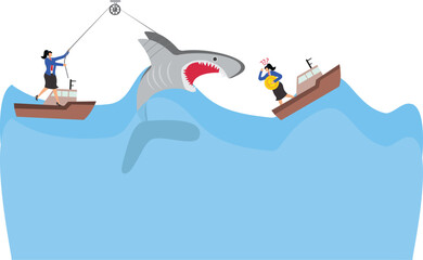 Adventure, seeking opportunities in crisis and risk, financial risk, gambling or investment risk, businesswoman or investor pulling the fins of sharks in the ocean