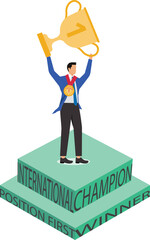 The first place winner, winning success and achievement, the best employee with the medal, isometric draped cape businessman standing next to the medal