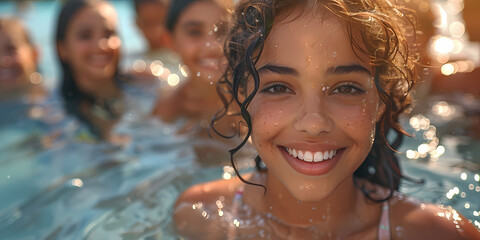 Smiling girl enjoying a swim with a group of friends in a pool, capturing a moment of pure joy