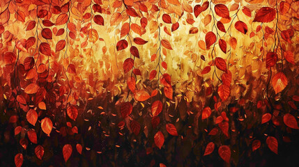 A cascade of autumnal colors - rich reds, golden yellows, burnt oranges - falling gently agnst the darkness, creating a warm and inviting gradient that heralds the arrival of fall. - obrazy, fototapety, plakaty