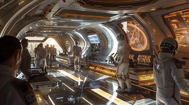 A highly detailed command center on a spaceship with crew members at work, featuring advanced technology and a futuristic design.