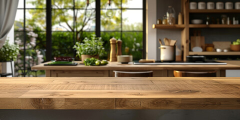mpty wood table top counter on modern kitchen interior background , empty wooden table in room background ,Banner, Ready for product display