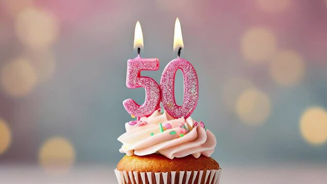 Timlapse with fast sequence of birthday cupcake. fifty years celbration. 50 Happy birthday animation. fiftieth anniversary