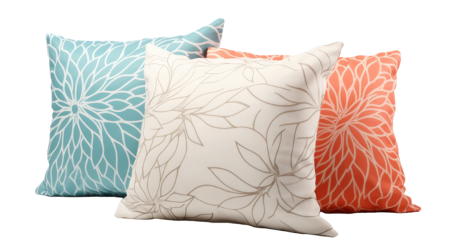 Four vibrant pillows with diverse and eclectic patterns, adding personality and character to any living space