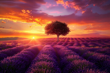 The sun sets in a dramatic sky over rolling lavender fields, with a solitary tree standing as a poignant symbol of natural beauty and tranquility.