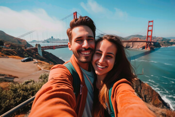 Couple selfie with Golden Gate Bridge, San Francisco backdrop.