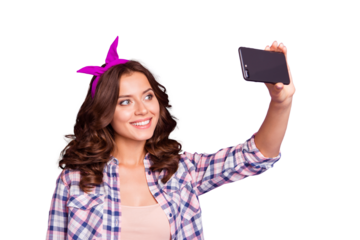 Lovely cute sweet gorgeous nice lady with her brunette hairstyle she isolated on shine violet background in checkered shirt casual wear take selfie picture make beaming toothy smile