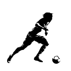 Football player running with ball, isolated vector silhouette. Soccer logo