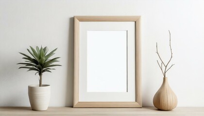 Wooden frame mockup on a plain white wall on top of a wooden table
