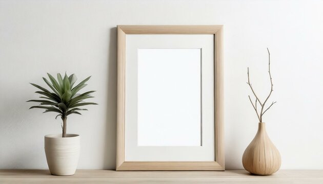 Wooden frame mockup on a plain white wall on top of a wooden table