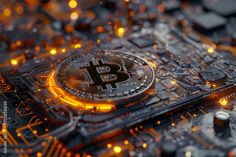 Poster golden bitcoin integrated into microcircuit: abstract background of digital currency
