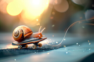 snail on a skateboard - obrazy, fototapety, plakaty